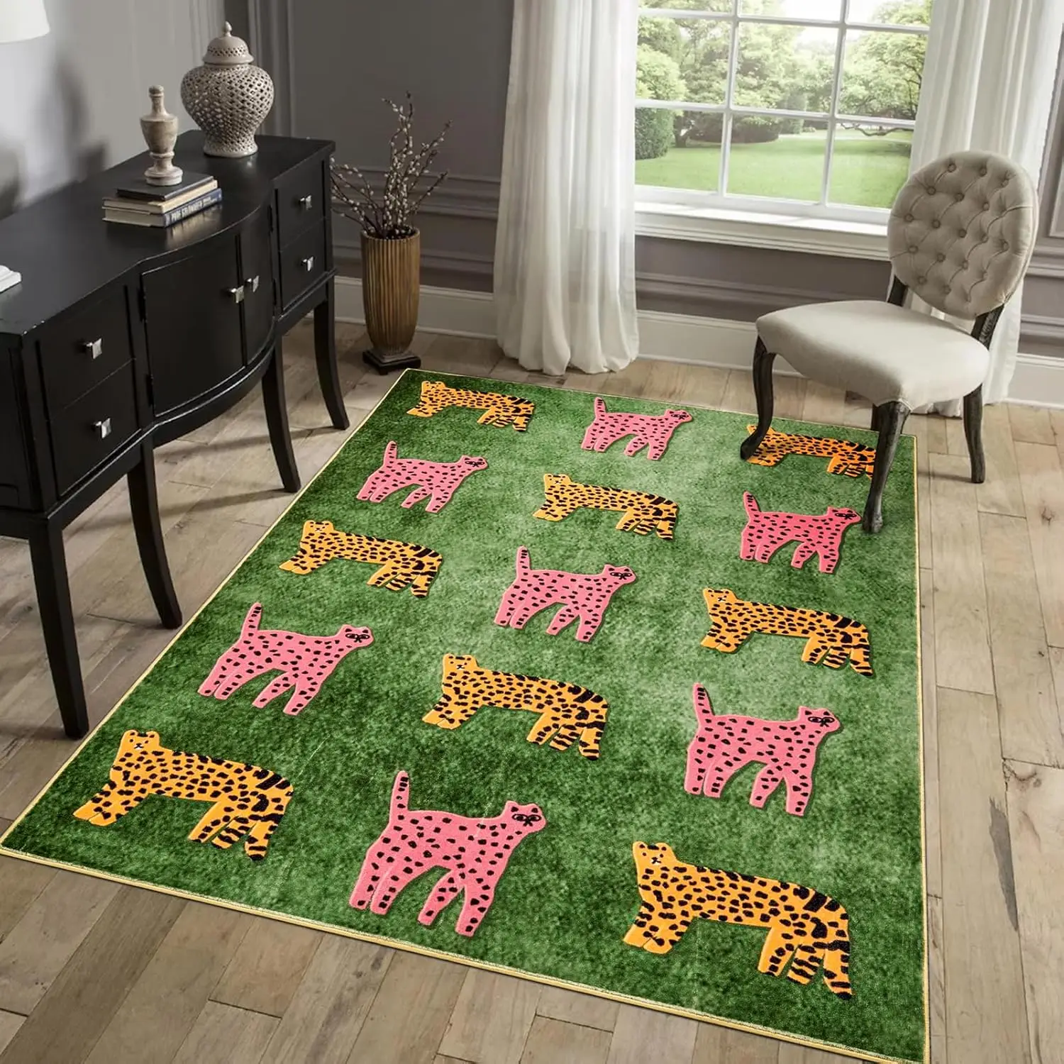 Washable Green Leopard Area Rug, Cute Cheetah Tropical Boho Vintage Carpet, Indoor Hippie Rug for Bedroom Kitchen Nursery