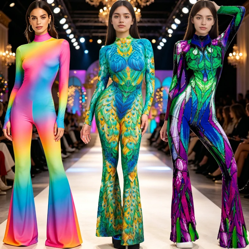 

Women's Rainbow Gradient Flare Leg Jumpsuit Music Festival Party Peacock Feather Print Bodysuit Carnival Cosplay Rave Outfits