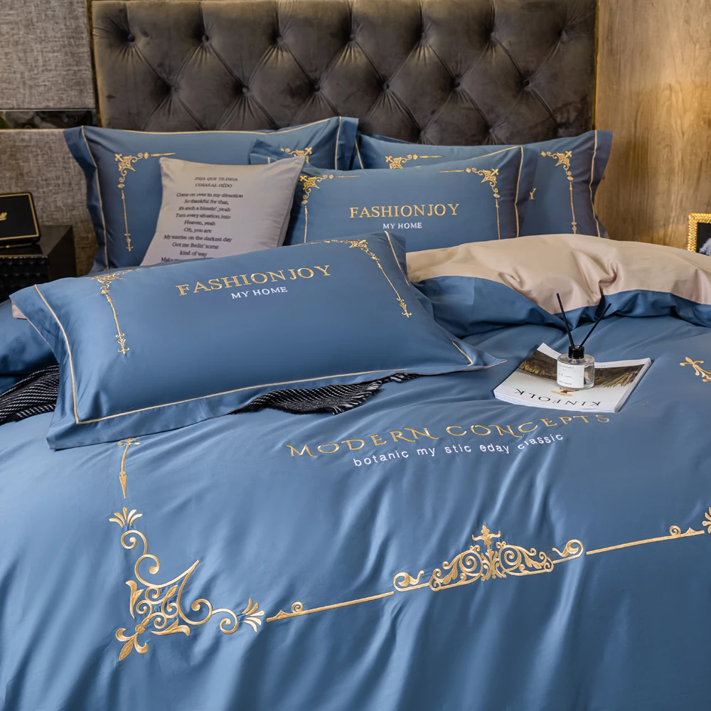 2023 New Long-staple Cotton Stitching Embroidery Plain Color Four-piece Bed Linen Cotton Bedding Light Luxury Style Dark Blue