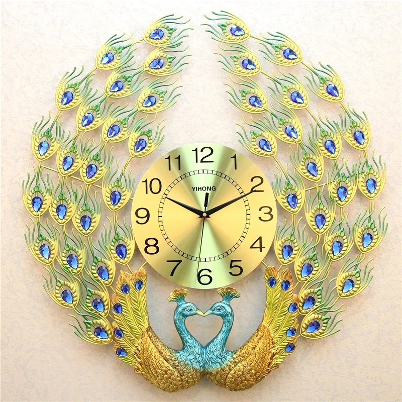 

27'' Traditional Chinese Resin Couple Peafowl Wall Clock Handmade Metal Phoenix Lovers Art Clock Living Room Decor Bedroom Craft