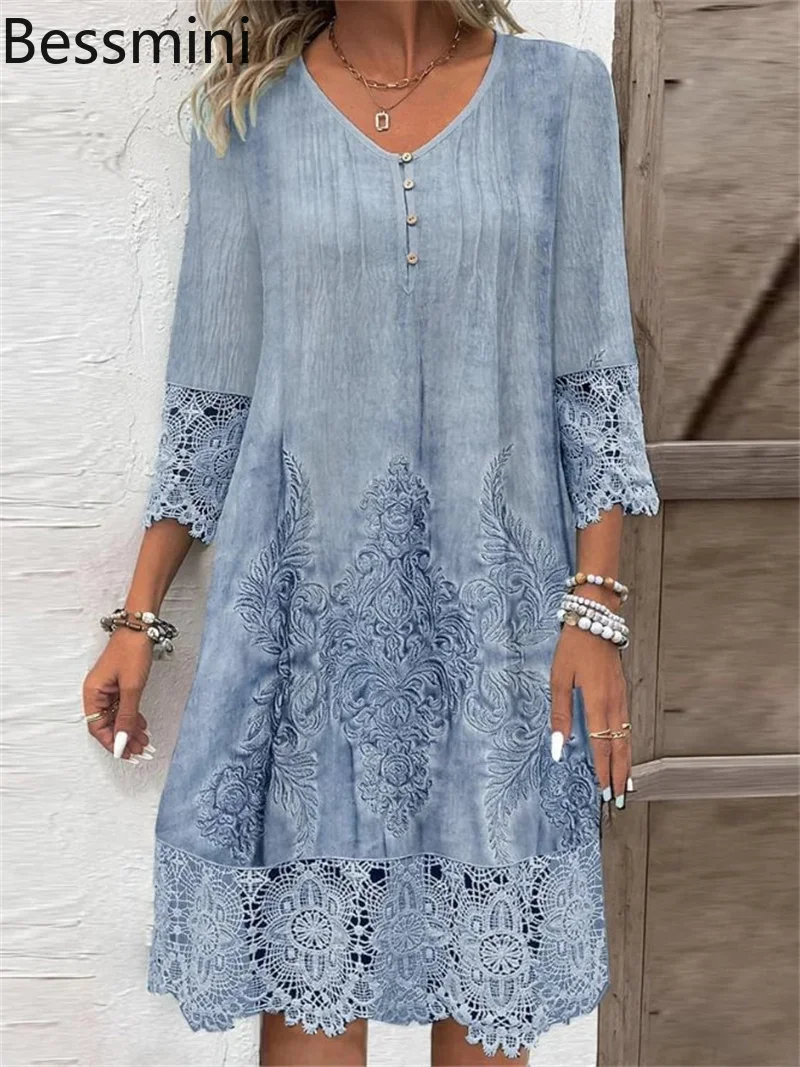 春夏エレガントファッションVネックワンピース レディース 無地 レース 半袖ワンピース 通勤 カジュアル ゆったり ボヘミアン ミニワンピース 2025