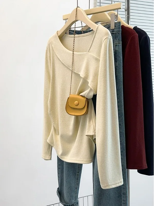 

plus Size Women's Fashionable Design Slim Fit Long Sleeve Asymmetrical Pure Color T-Shirt Spring New Arrival Elegant Style