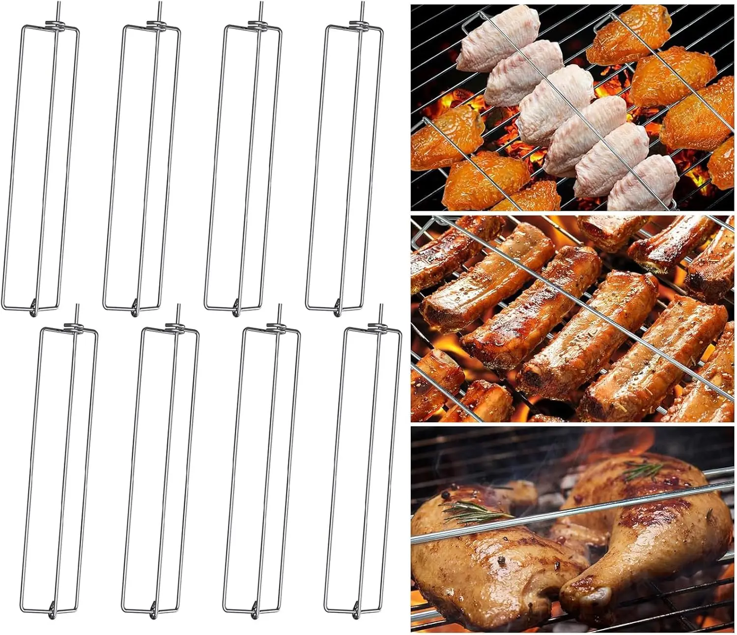 Trilhos de frango para churrasqueira, Grelhar ferramentas para piquenique ao ar livre, fixação, churrasco, asas, 8 pacotes