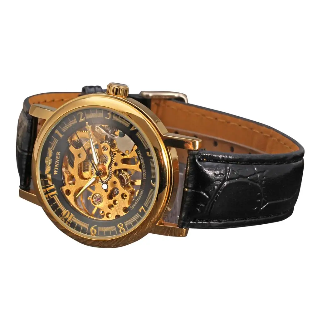 Luxury Brand New Style Transparent Golden Case Skeleton Dial Mens Hand Wind Mechanical Watch Black Leather Strap Nice Gift