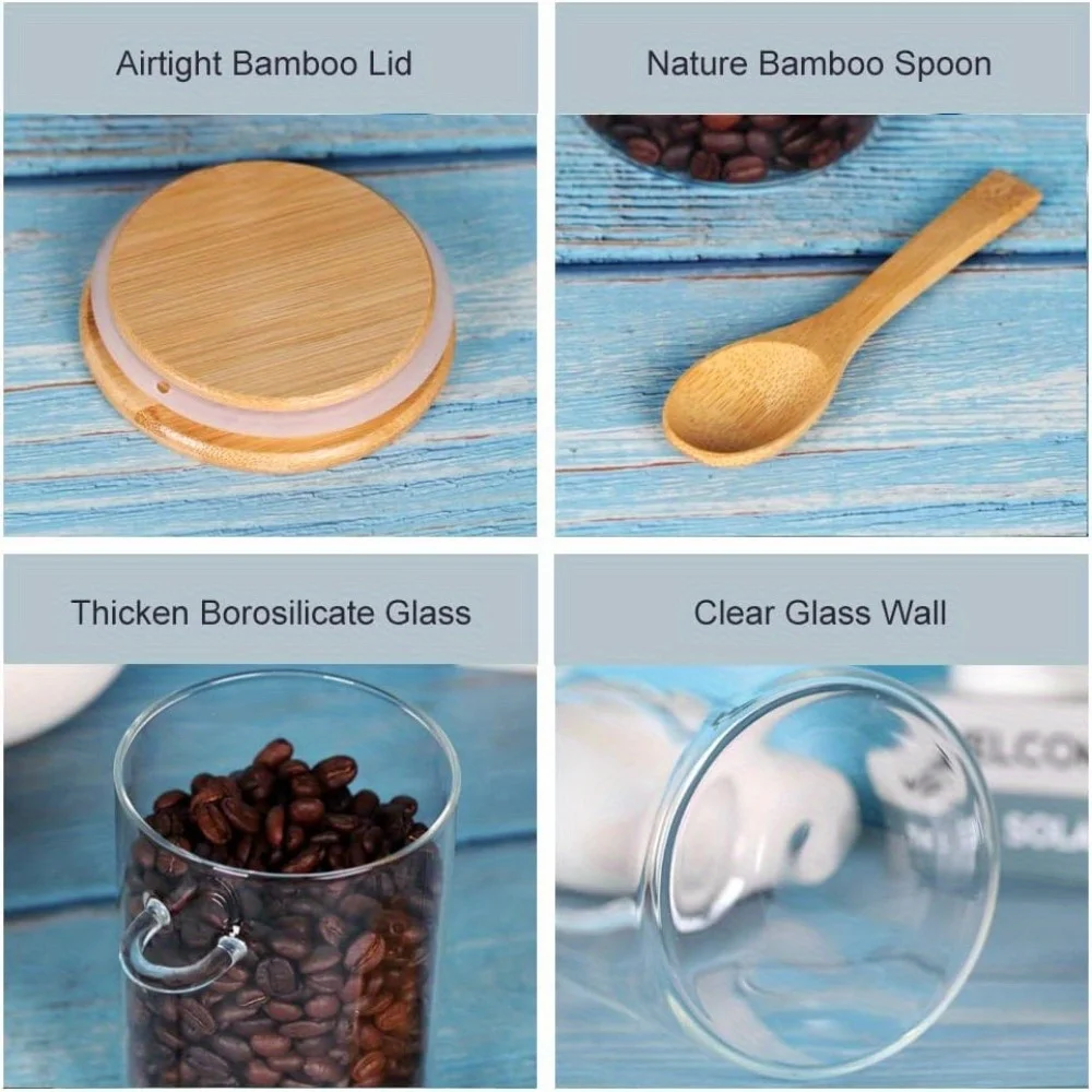 6pcs glass jar set with bamboo lid and spoon, 17OZ coffee candy container set, overnight oatmeal canned loose tea and yogurt