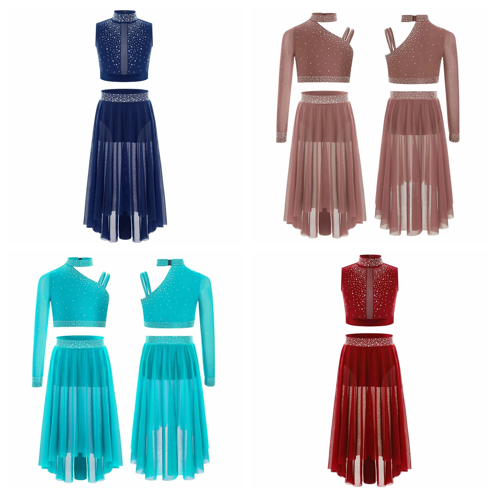 

Children's Girls Sequins Lyrical Dance Outfit Modern Dance Costumes Sheer Mesh Crop Top with High-Low Skirt Suits Dancewear