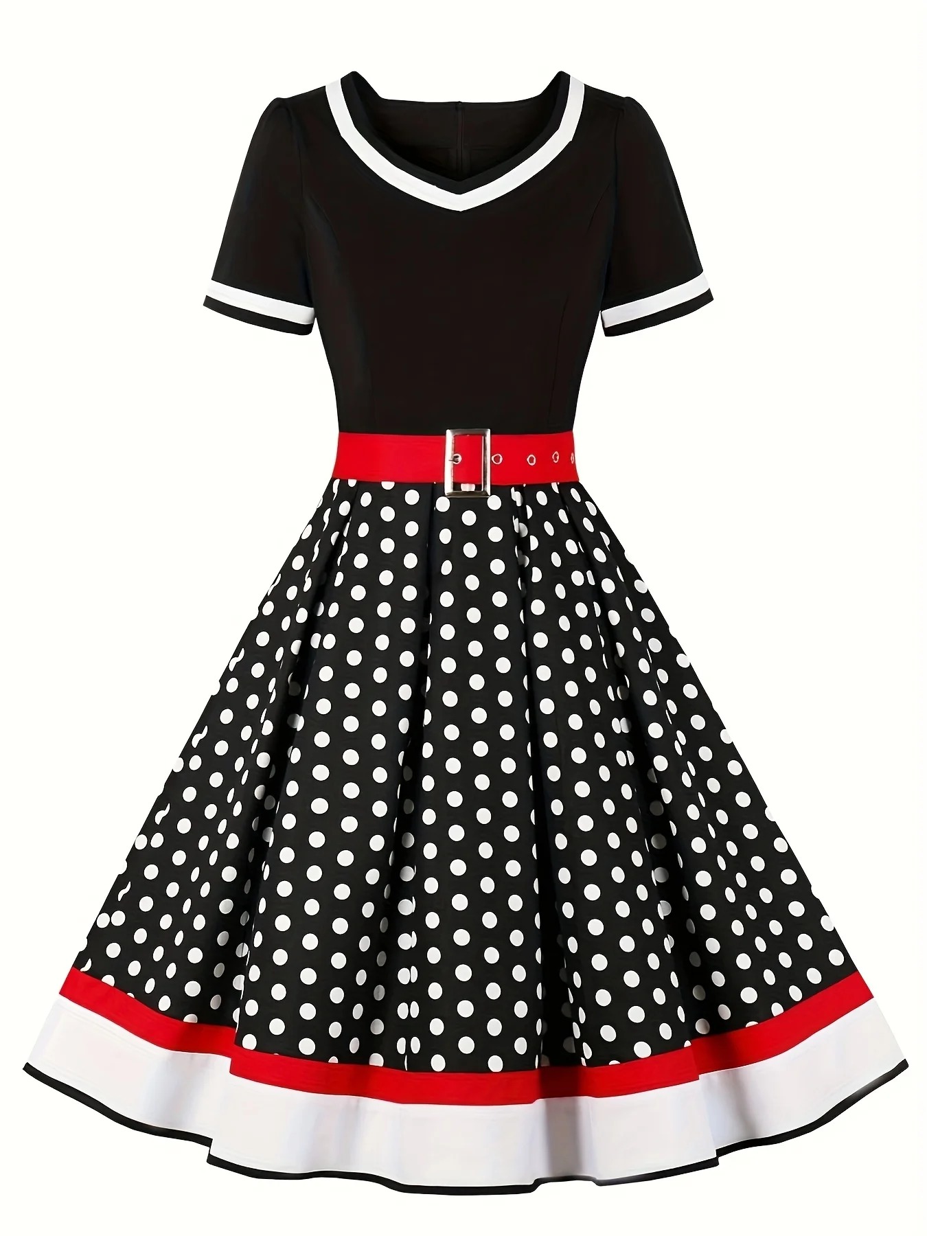 Vintage-Inspired Polka Dot Belted A-Line Dress - Cotton Blend, V-Neck, Machine Washable - Perfect for All Seasons