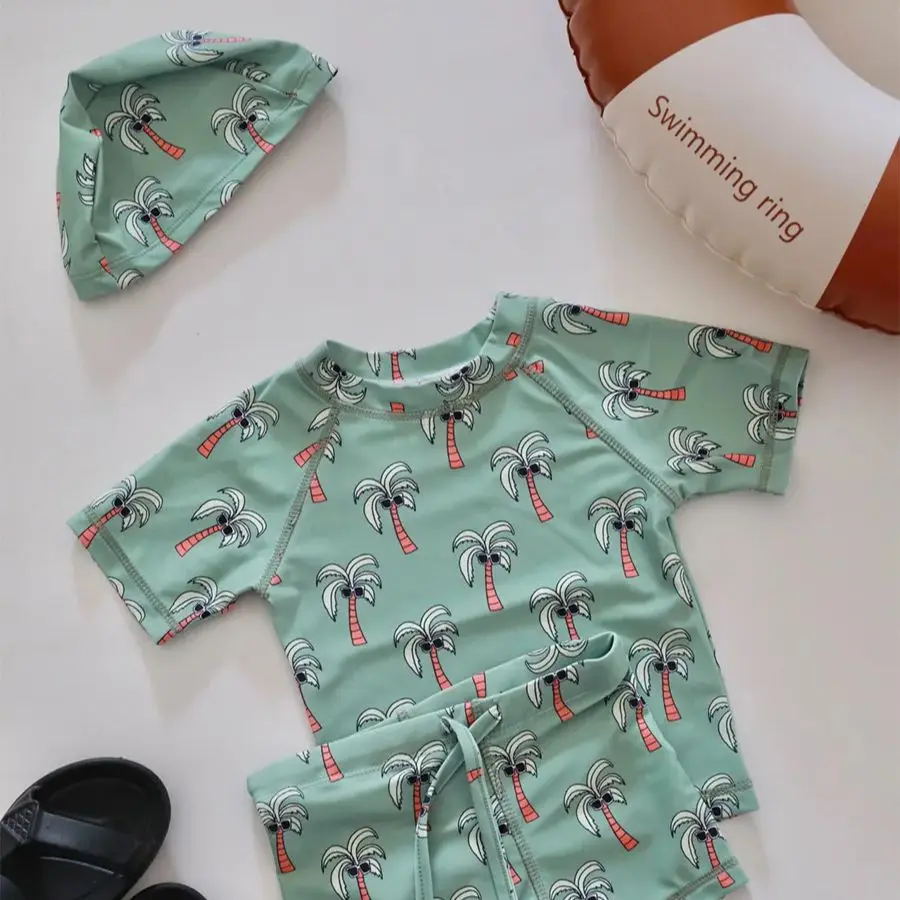 3 Stuks Set Cartoon Print Kids Jongens Badmode Kinderen Badpak Kinderen Surfen Pak Zwemkleding Voor Jongens Strandkleding Met Hoed