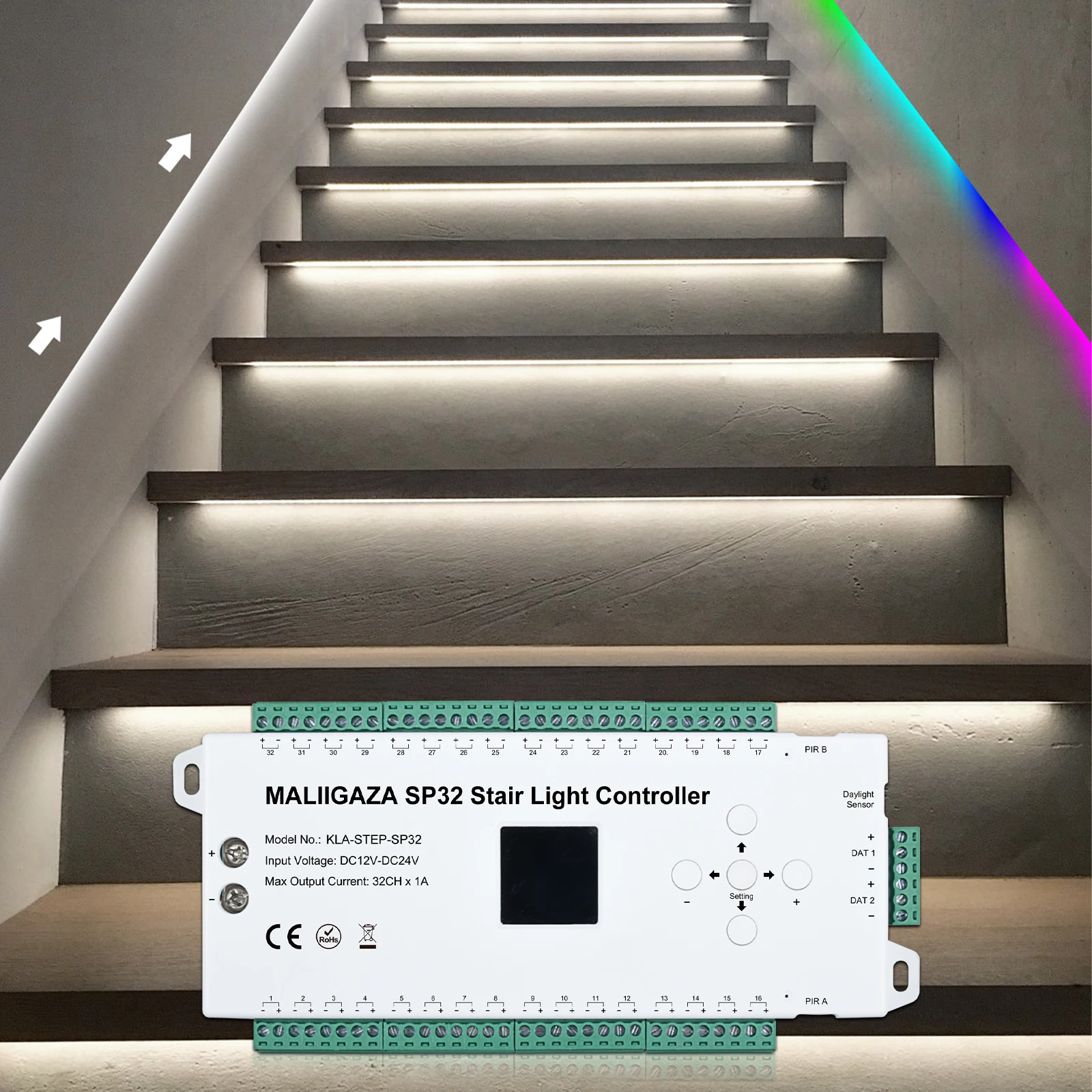 

1-32step Stair LED Strip Light Controller 24V PIR Motion Sensor Stairway Lighting Support RGBIC Single Color Running COB Strip