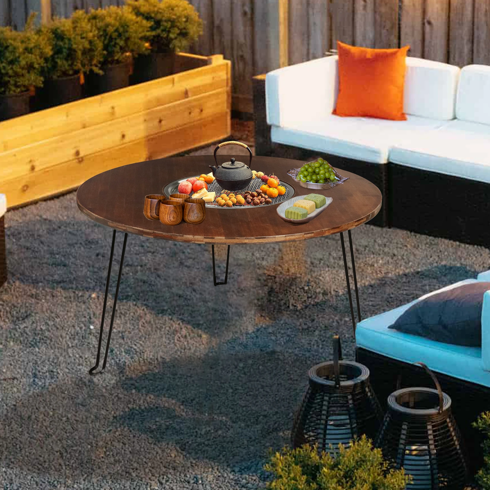 Fire Pit Table:” Round Large Dining Table Foldable Party Table with Charcoal Grill and BBQ Picnic Tray for Outdoor Camping