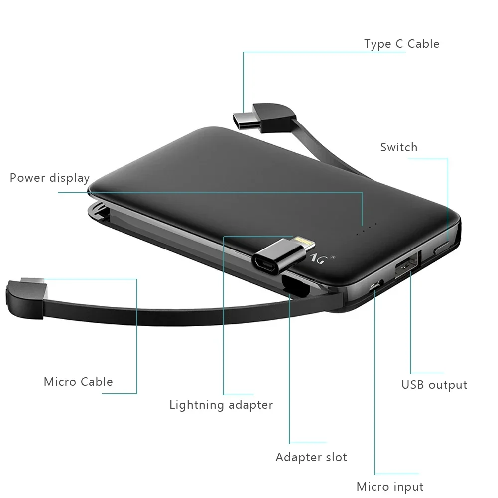 FERISING Built with Cable Power Bank 5000mAh USB Type C Portable Charging PowerBank External Battery For Xiaomi Mi iPhone 14 15