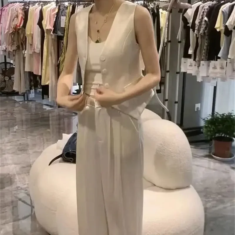 Nova moda cetim feminino conjunto de duas peças verão elegante rendas retalhos arco sem mangas jaqueta superior + cintura alta calças largas perna terno