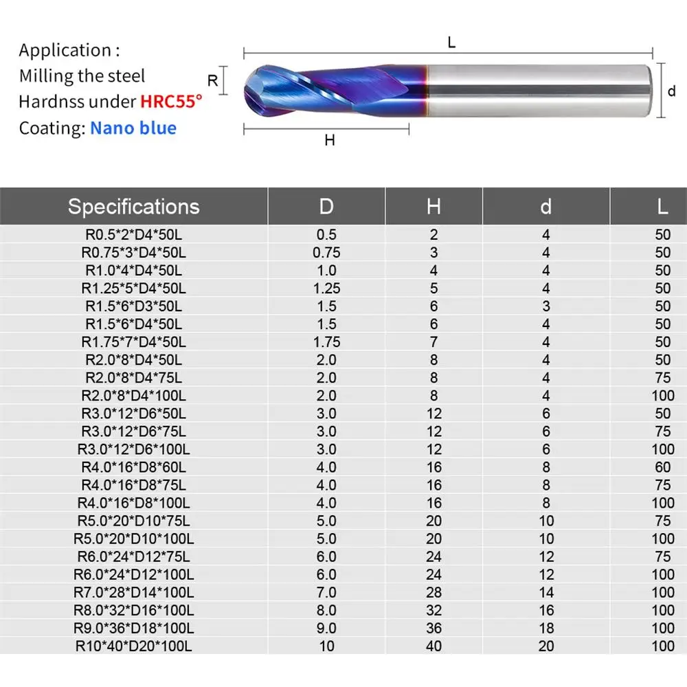 Augusttools HRC63 Шариковая концевая фреза из карбида, 2 фрезы для металла, вольфрамово-кобальтового сплава, фрезы R0,5 R1 R2 R3 R4