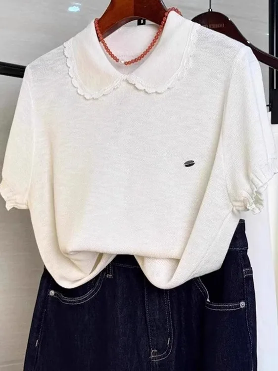 

Korean Style Casual Versatile Short Sleeve Knitted Shirt Women Summer New Design Loose Slimming Top Doll Collar Loose Fit