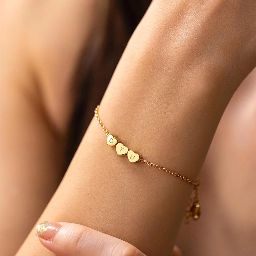Custom 3D Heart Initial Bracelet, Personalized Gold Engraved Gift