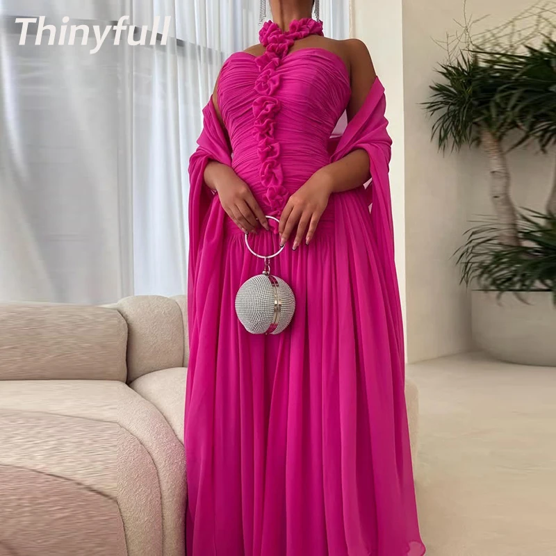 

Thinyfull Chiffon Arab Prom Dresses Sleeveless Halter Holiday Style Gown Pleat Evening Party Dress Robe De Soirée Customized