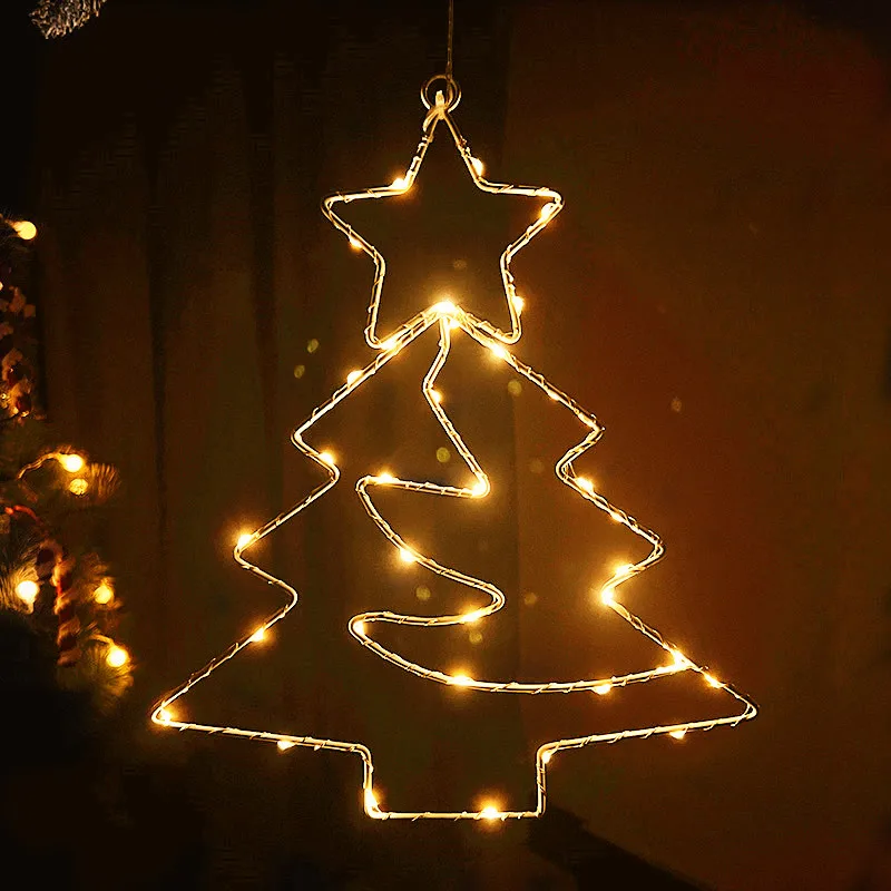 

Merry Christmas Decoration Xmas Tree Iron Frame LED Lights Window Hanging Ornaments Chrismas New Year Party Pendants Lamp Decors