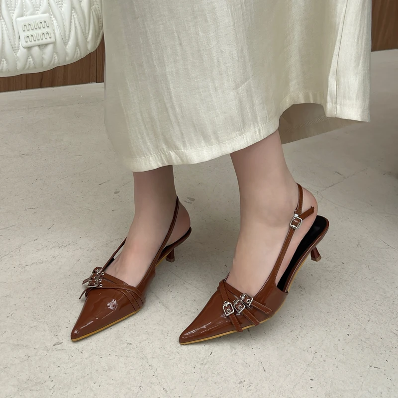 Orange Ladie Pumps Pink High Heels Sexy Pointed Toe Slingback Shoes Women Belt Buckle Low Heel Summer Office Shoes Blue