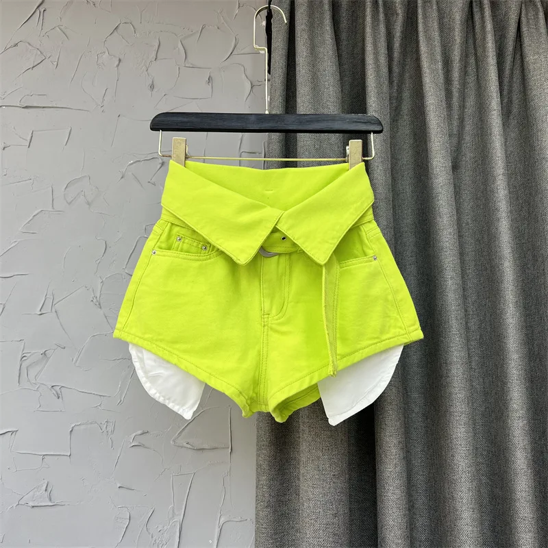 Coreano Y2k estético verano Casual mujer ropa sólida moda alta cintura diseño vuelto A-line pantalones cortos vaqueros chica pantalones cortos anchos