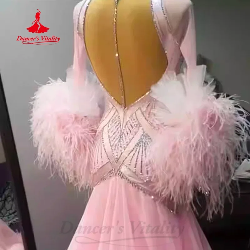 New Ballroom Dance Competition Clothing High-end Customized Luxury Rhinestone Feather Dresses Waltz Tango Performance Costume