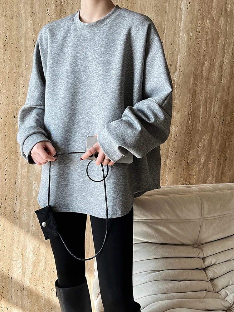 [EAM] Blue Gray Shaped Casual Sweatshirt New Round Neck Long Sleeve Women Big Size Fashion Tide Spring Autumn 2023 1DH4756