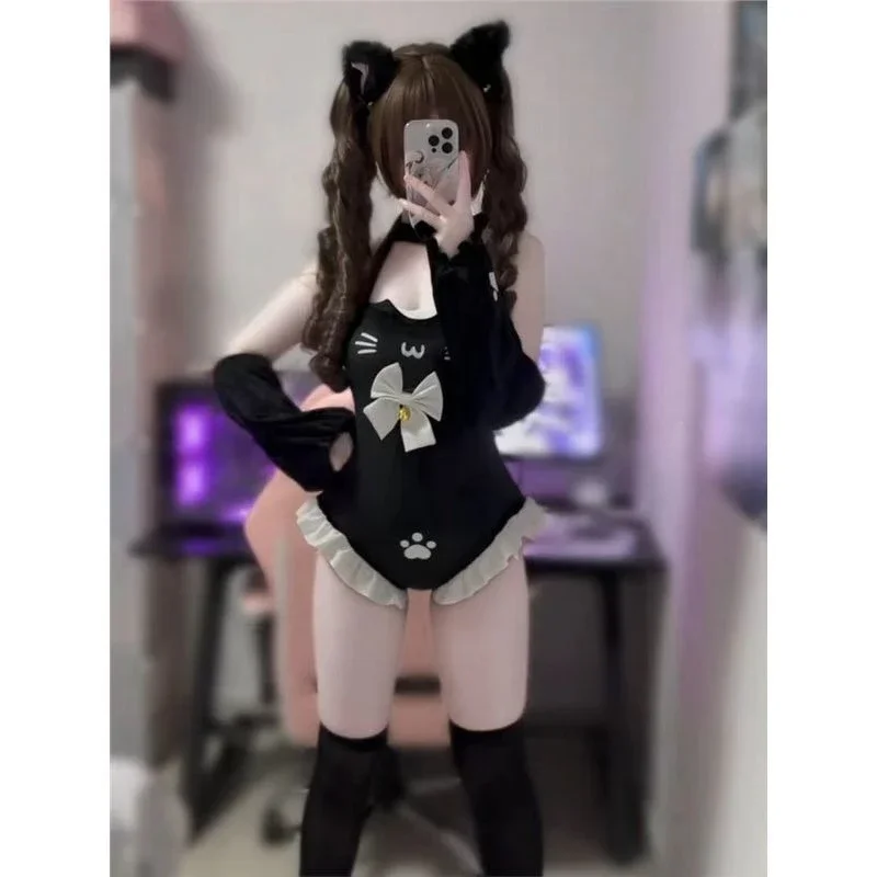 Japanese Cat Kawaii One-Piece With Bell & Bow + Arm Sleeve Cute Halter Top Bodycon Sexy Hot Girl Lace Trim Set Spring Summer - view 2