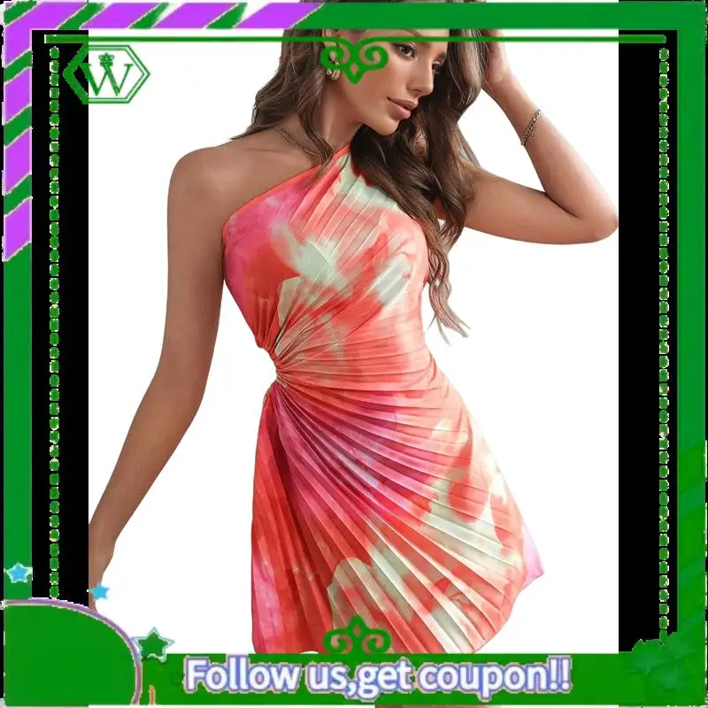 A18P-レディースサマードレス2025タイダイワンショルダーミニドレスプリーツカットアウトウェディングゲストドレス