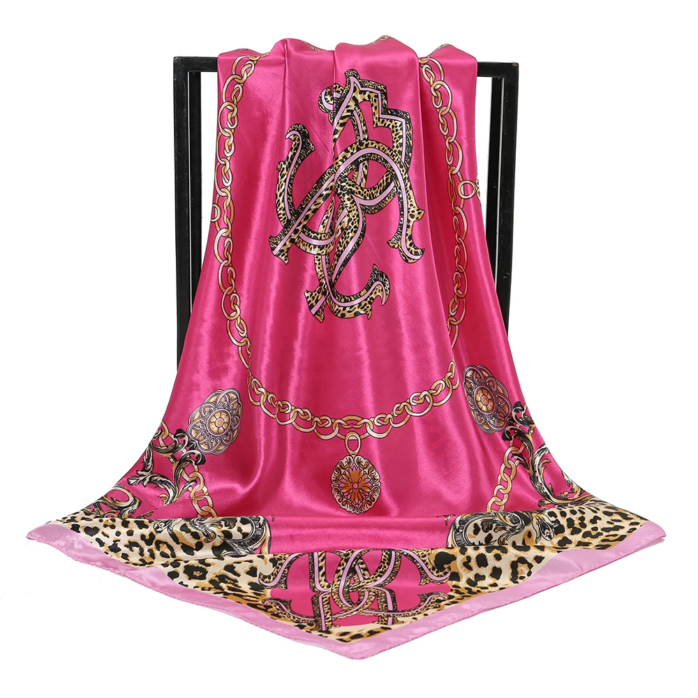 Square Satin Silk Scarf Leopard Chain Printed Hijab Turban For Women Muslim Casual Bandana Ladies Fashion Headband 90*90cm