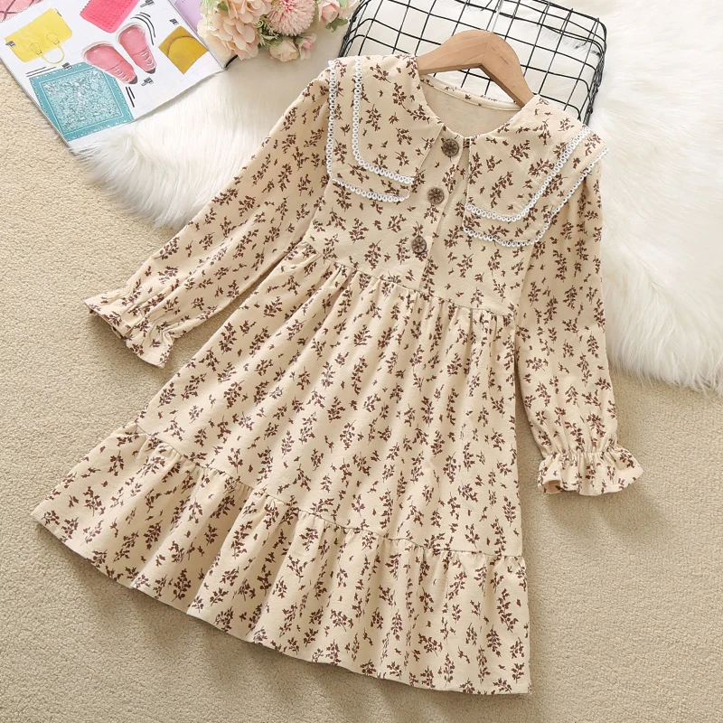 Autumn Spring Baby Girls Dresses Long Sleeve Chiffon Floral Print Dresses Cute Family Holiday Beach Clothes 4 6 8 9 10 12 Years