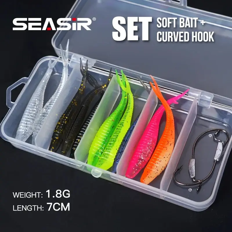 SEASIR 12pcs Soft Bait Lure Set 10PCS Soft Bait 2 Curved Hooks 8 Colors 1.8G 7CM Free Bait Box Fishing Lure Set