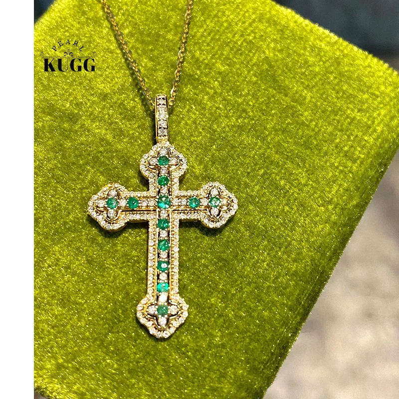 

KUGG 100% 18-каратное желтое золотое колье с подвеской в форме креста, роскошное колье с бриллиантами и натуральным изумрудом для женщин, изысканные ювелирные изделия