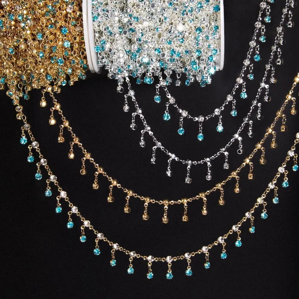 Chaîne en strass de 1 mètre de long, forme de goutte d'eau, style antique, chaîne en zircon, cristal de verre, chaîne de bijoux faite à la main, bijoux pour filles
