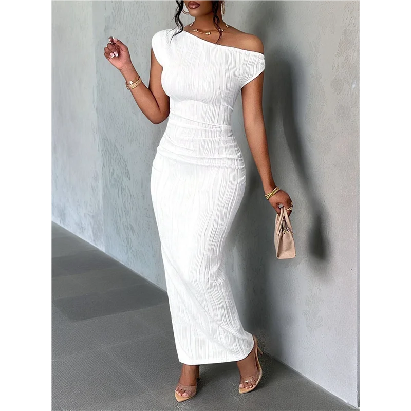 ABP-robe Maxi élégante pour femmes, manches courtes, moulante, Cocktail, bal d'été, épaules dénudées obliques