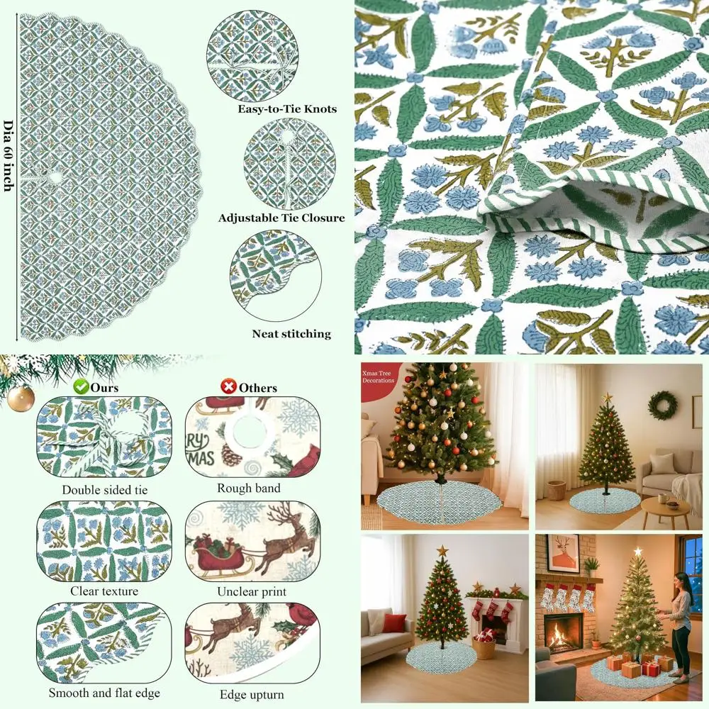 

Юбка для рождественской елки с ручным принтом морского зеленого цвета, 60-дюймовая, милая декоративная в деревенском стиле в стиле бохо, праздничный декор для дома и улицы, C