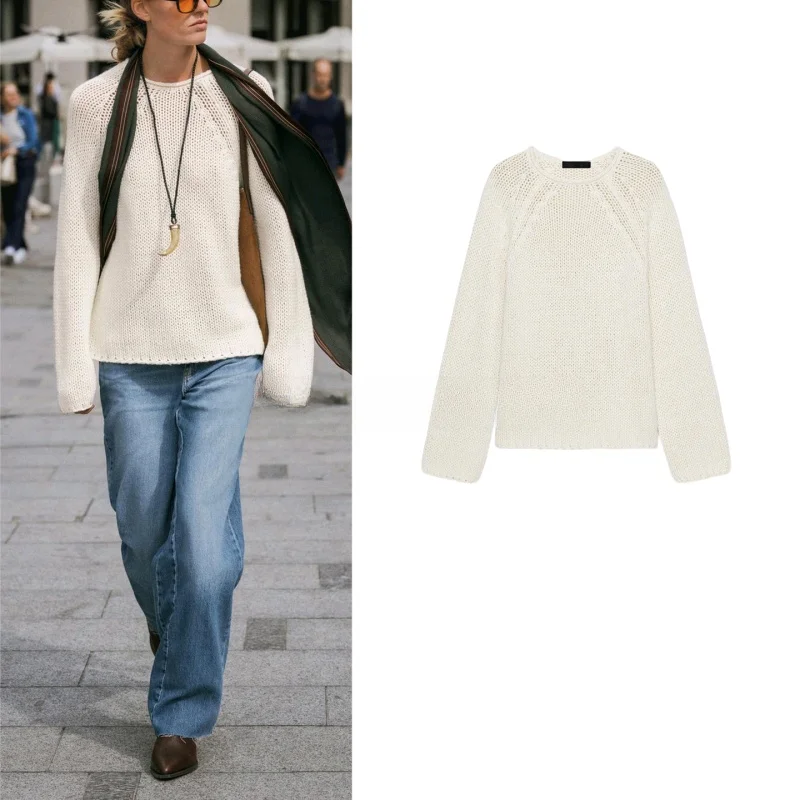 

Loose Long Sve round Ne White Knitted Sweater Cozy Soft Sle Casual Faion Polyester Fiber Women's Autumn New Arrival