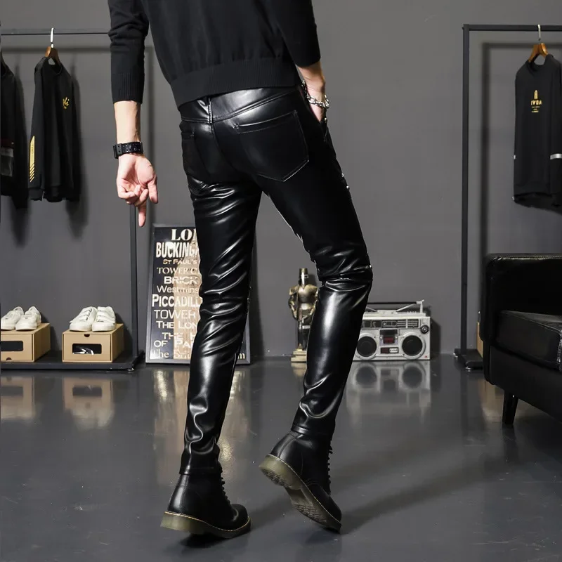 2024 New Winter Spring Mens Skinny Biker Leather Pants Fashion Faux Leather Motorcycle Trousers for Male Trouser Stage Club Wear - Image 3