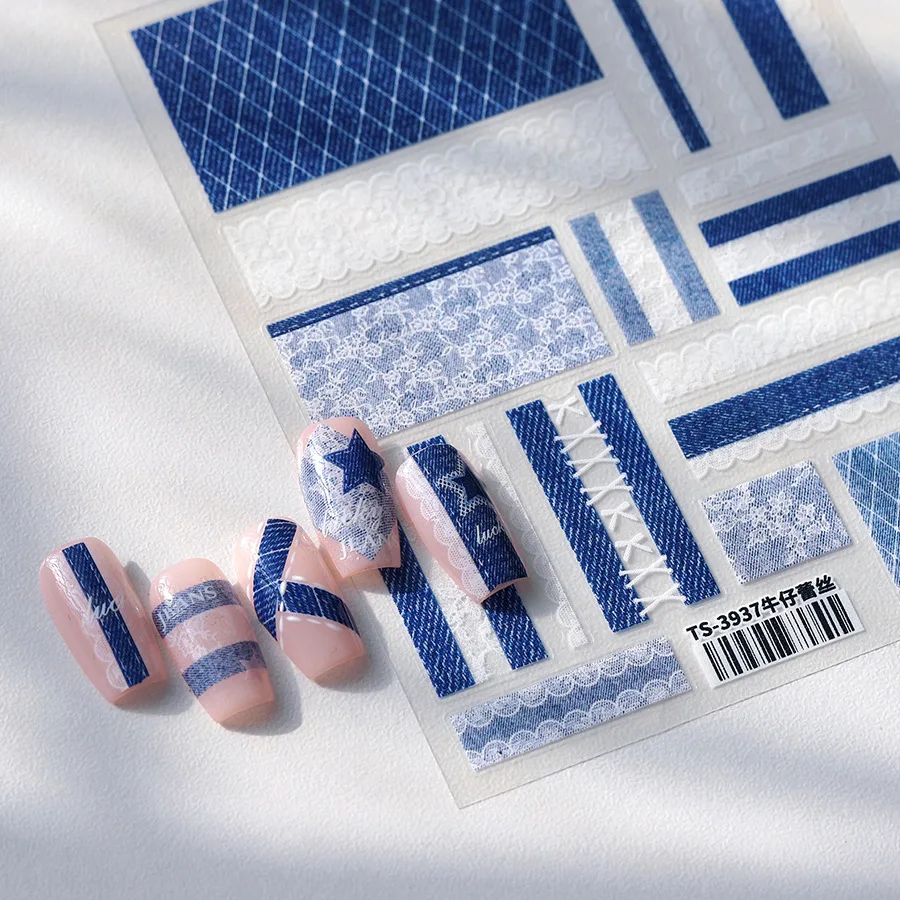 Blue Denim Fabric White Floral Lace Striped Pattern 3D Self Adhesive Nail Art Stickers Jeans Cowboy Manicure Decals Wholesale