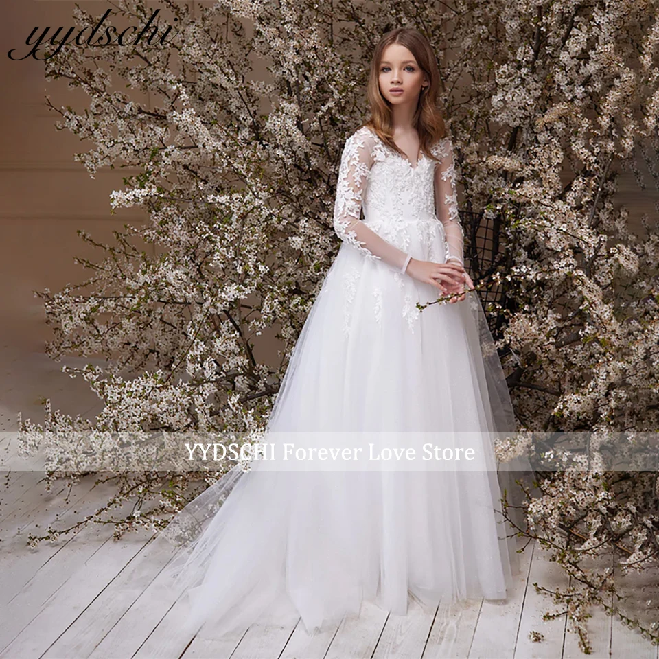 

Simple White Flower Girl Dress For Wedding With Lace Appliques Long Sleeves 2024 Floor Length A-Line V-Neck First Communion Gown