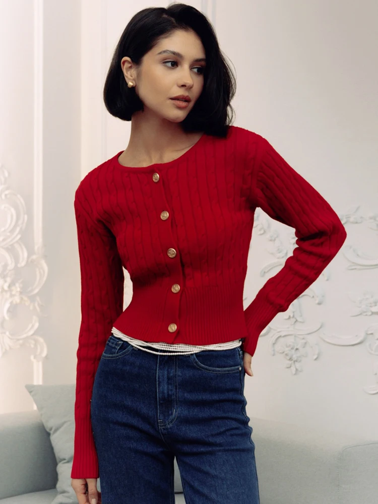 

Elegant O Neck Sweater Cardigan for Women Autumn Winter Basic Knitted Sweater Coat Slim Fit Single Breasted Cropped Jumpers