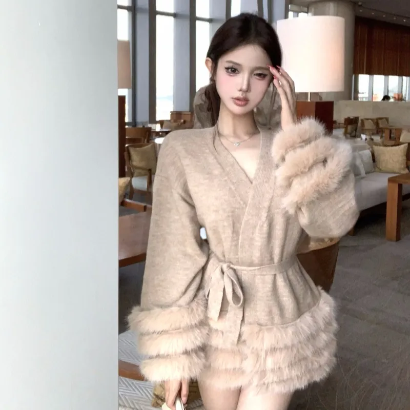 

Вязаный кардиган Ele с V-образным вырезом и поясом, осень-зима, новая модная верхняя одежда, нежная персональная одежда