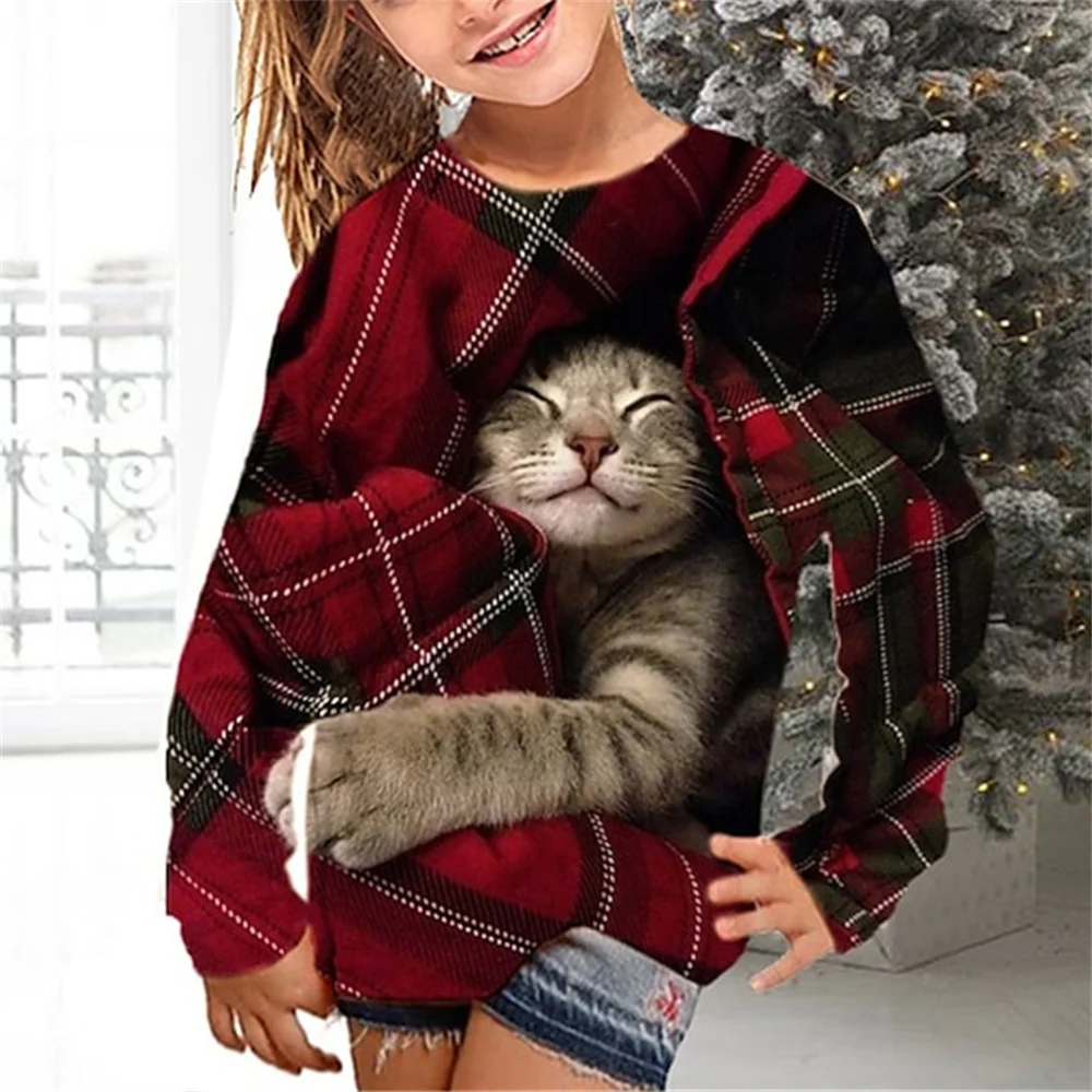 Kids Clothes Girl T-Shirt Long Sleeve Christmas 3D Cat Print Children Spring Fall Clothes Casual Round Neck Girl Clothes Tops