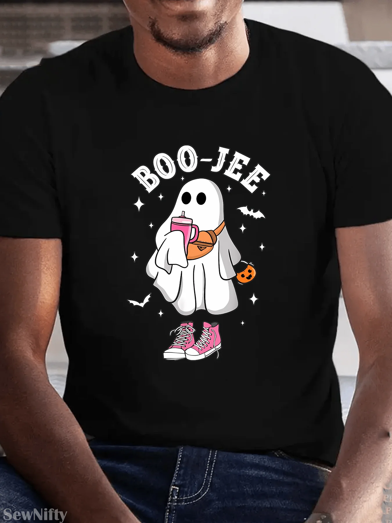 

Men's "Boo-Jee" Halloween T-Shirt - Black/White Bats Print, Moisture-Wicking Tee