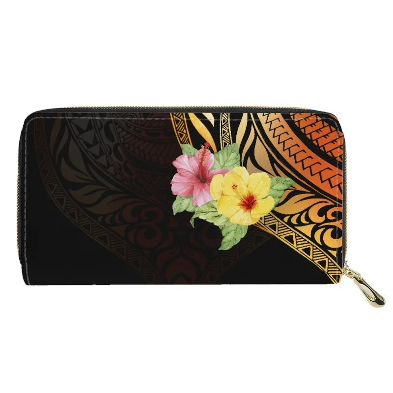 HYCOOL Dropship Women PU Leather Wallets Purses Long Clutch Money Custom Polysian Floral Print Coin Credit Card Holder Case