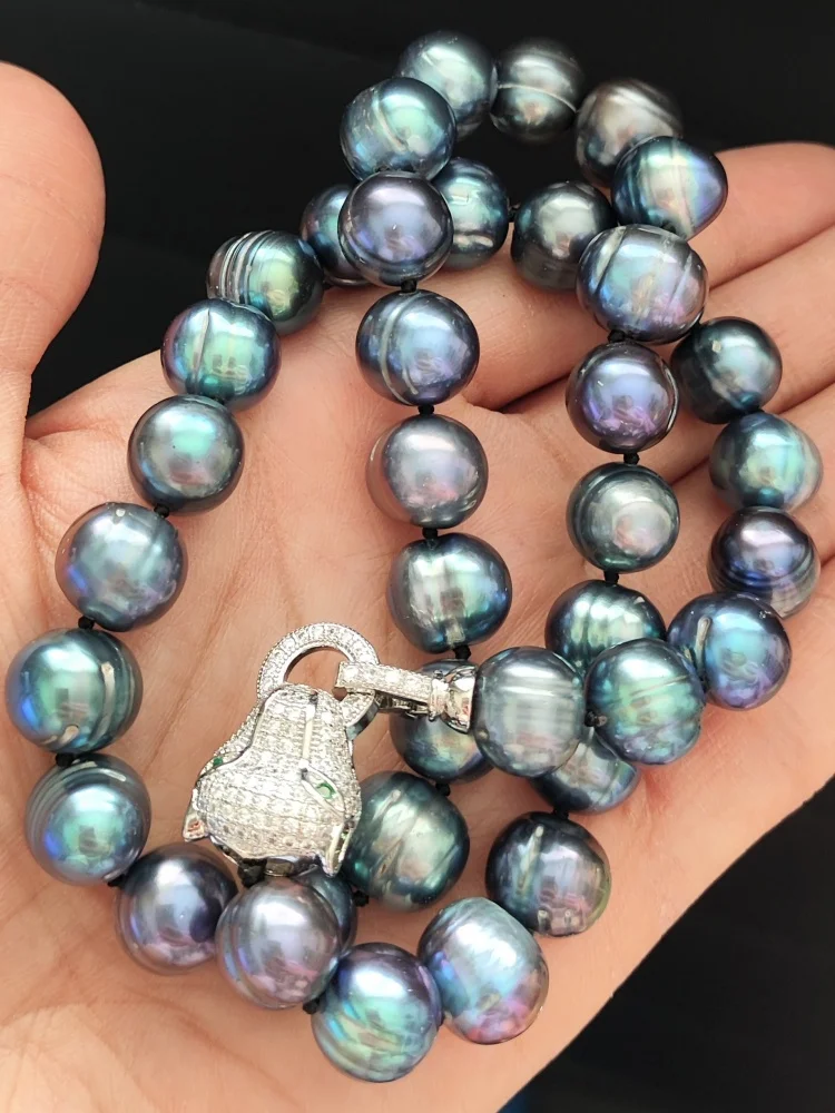 

Fashionable AAA 11-12mm South Sea Natural Black Green Pearl Necklace 925 Silver Leopard Head Fine Jewelry Making