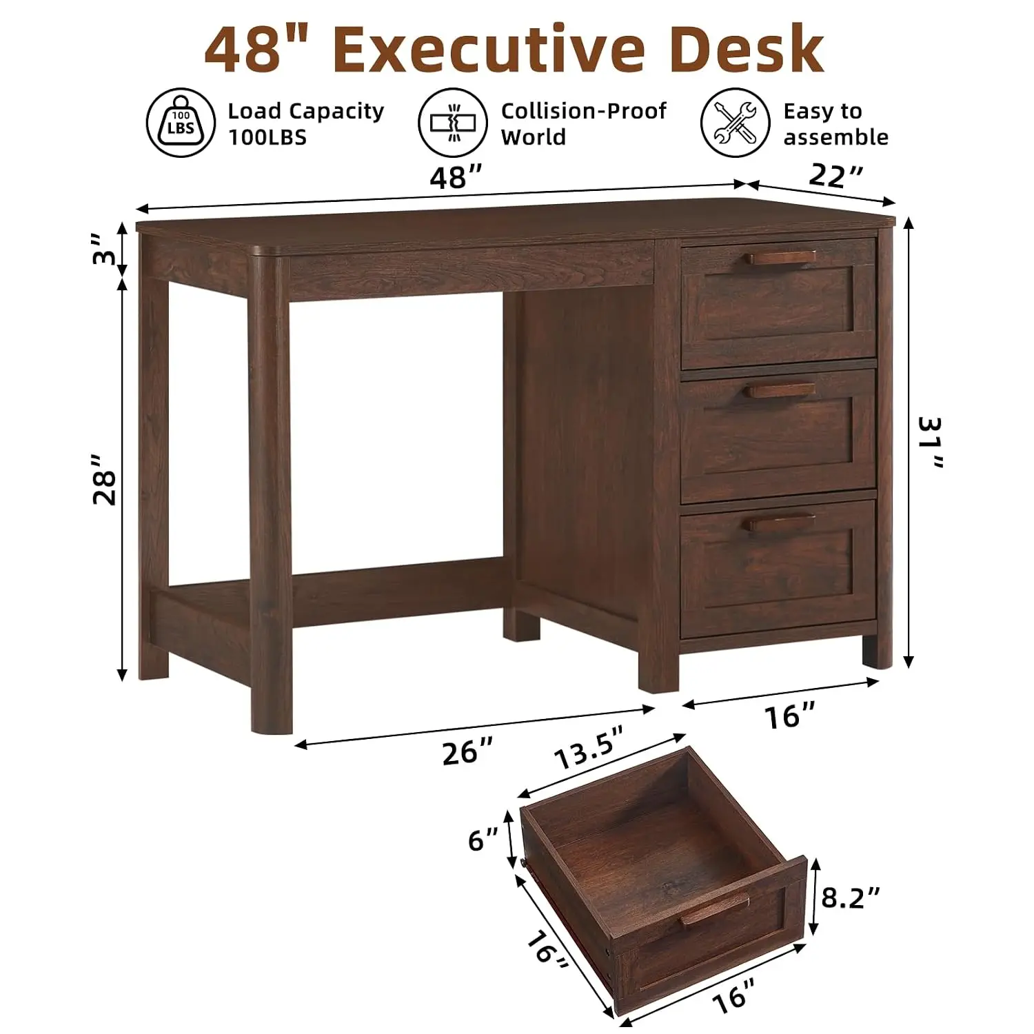 Farmhouse Desk 3 Drawers, 48 Inch Walnut Wood Computer Desk Bedroom Study Small Space, 22 Inch Depth Rounded Corner, Customized