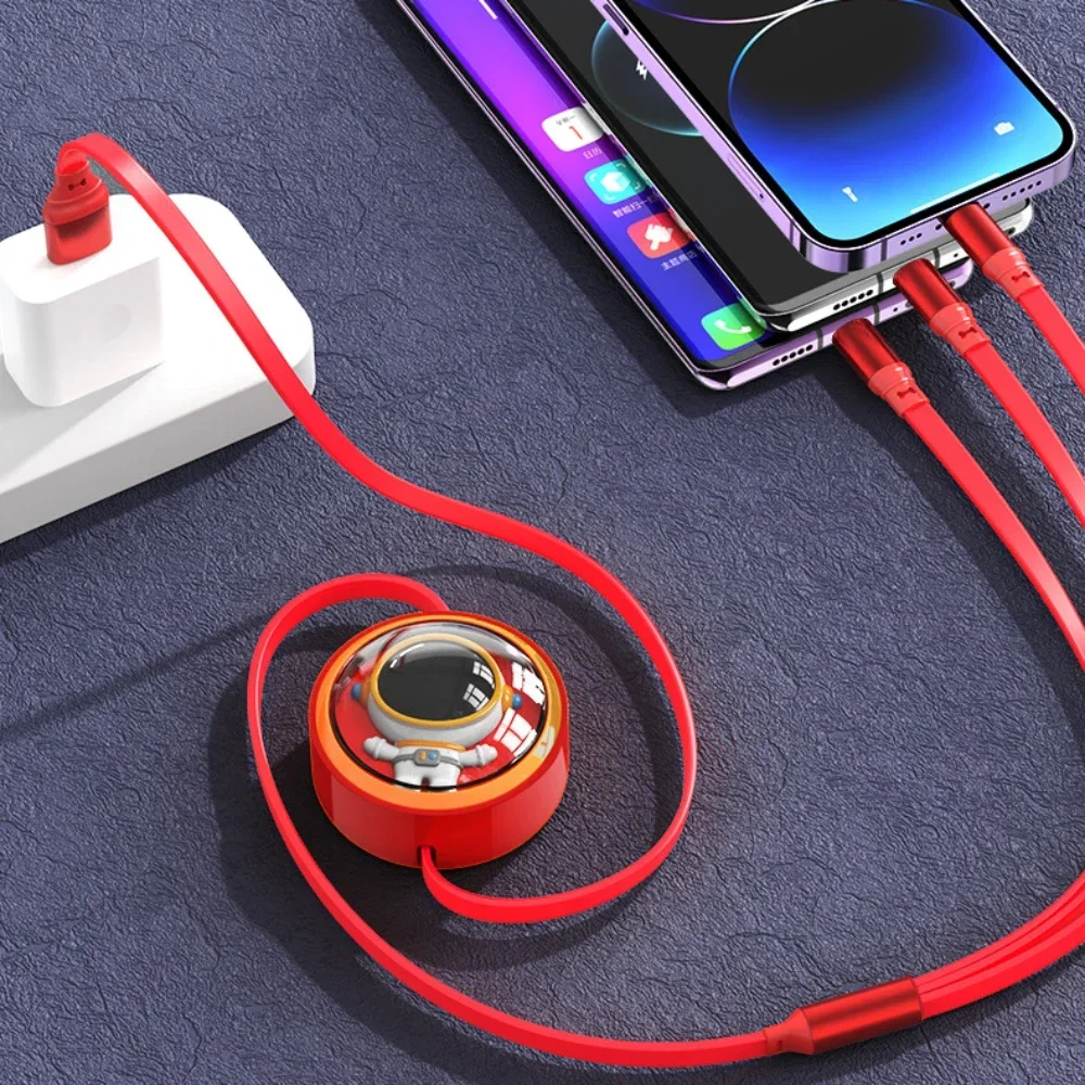 كابل USB للشحن السريع بثلاثة سحب واحد، كابل شحن للهاتف المحمول تلسكوبي من المطاط الناعم السائل ثلاثة في واحد