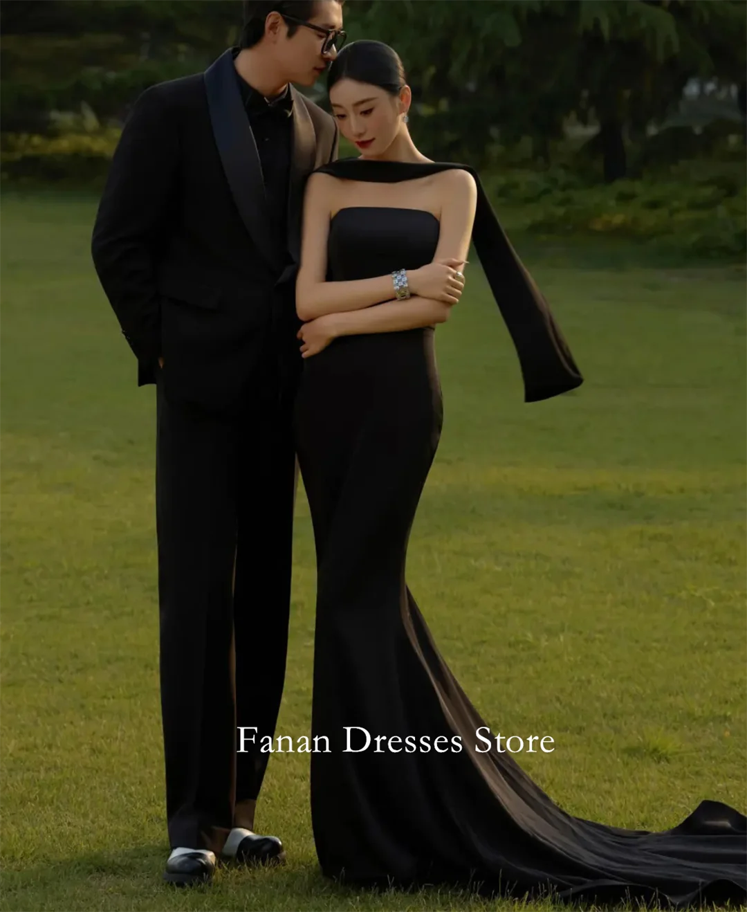 

FANAN Strapless Black Mermaid Evening Party Dresses Korea Zipped Sleeveless Wedding Women Gowns Event Prom Gowns Customized