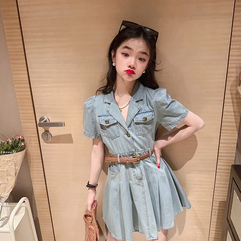 2024 Korean Summer Junior Girl Denim Dress Teenager Girl Single-breasted One-piece Dress School Girl Bubble Sleeve Pleated Dress