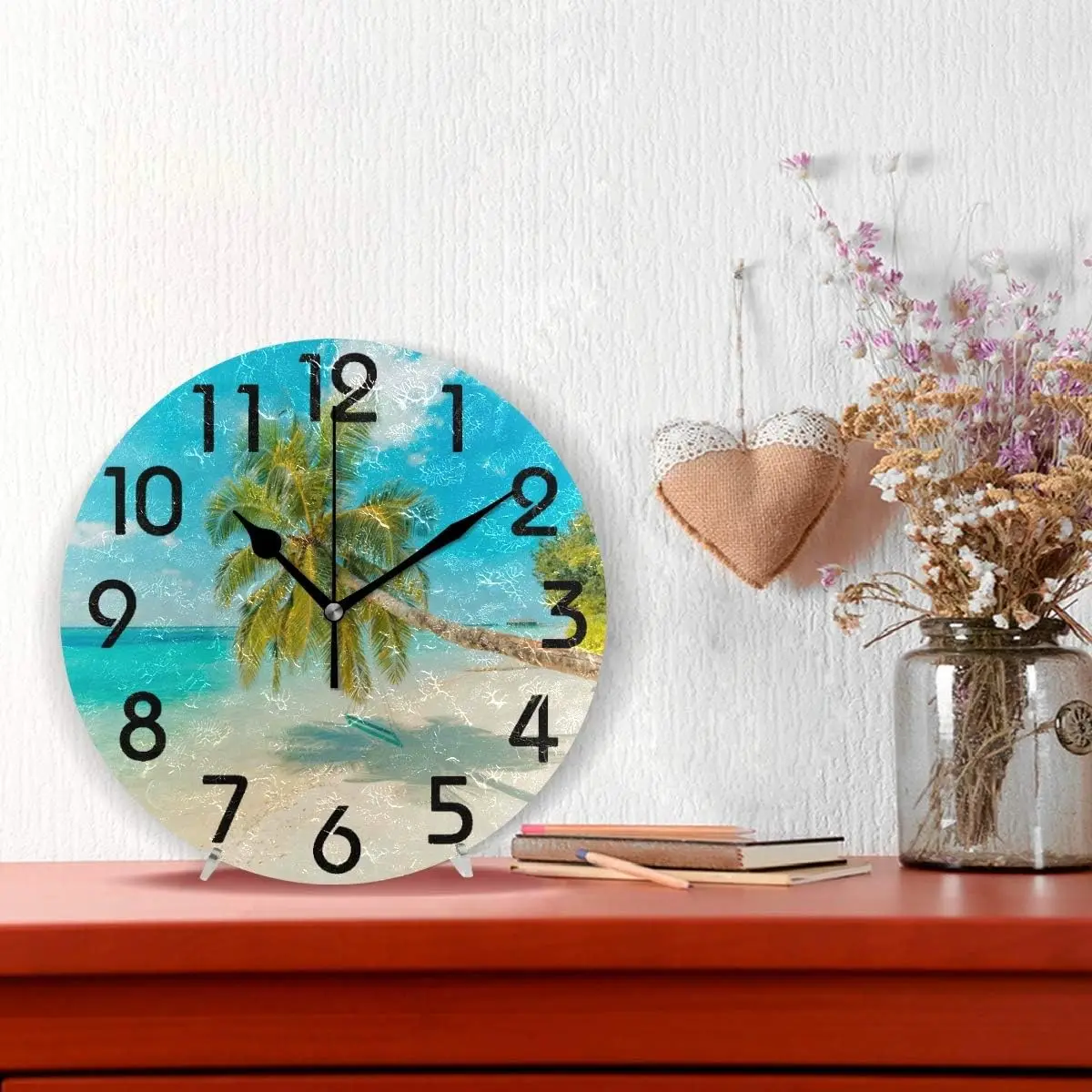 3D Fresh Tropical Summer Beach Palm Tree Print Round Wall Clock Decorative, 9.5 Inch Battery Operated Quartz Analog Quiet