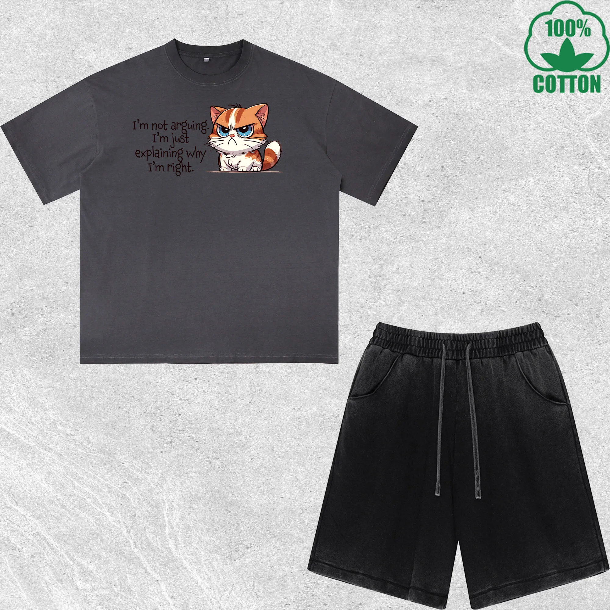 

Interesting The Correct Cat Printed Dirty Wash T-Shirt Shorts Set Combo Loose Trendy Fashionable 100%Cotton Black Suit